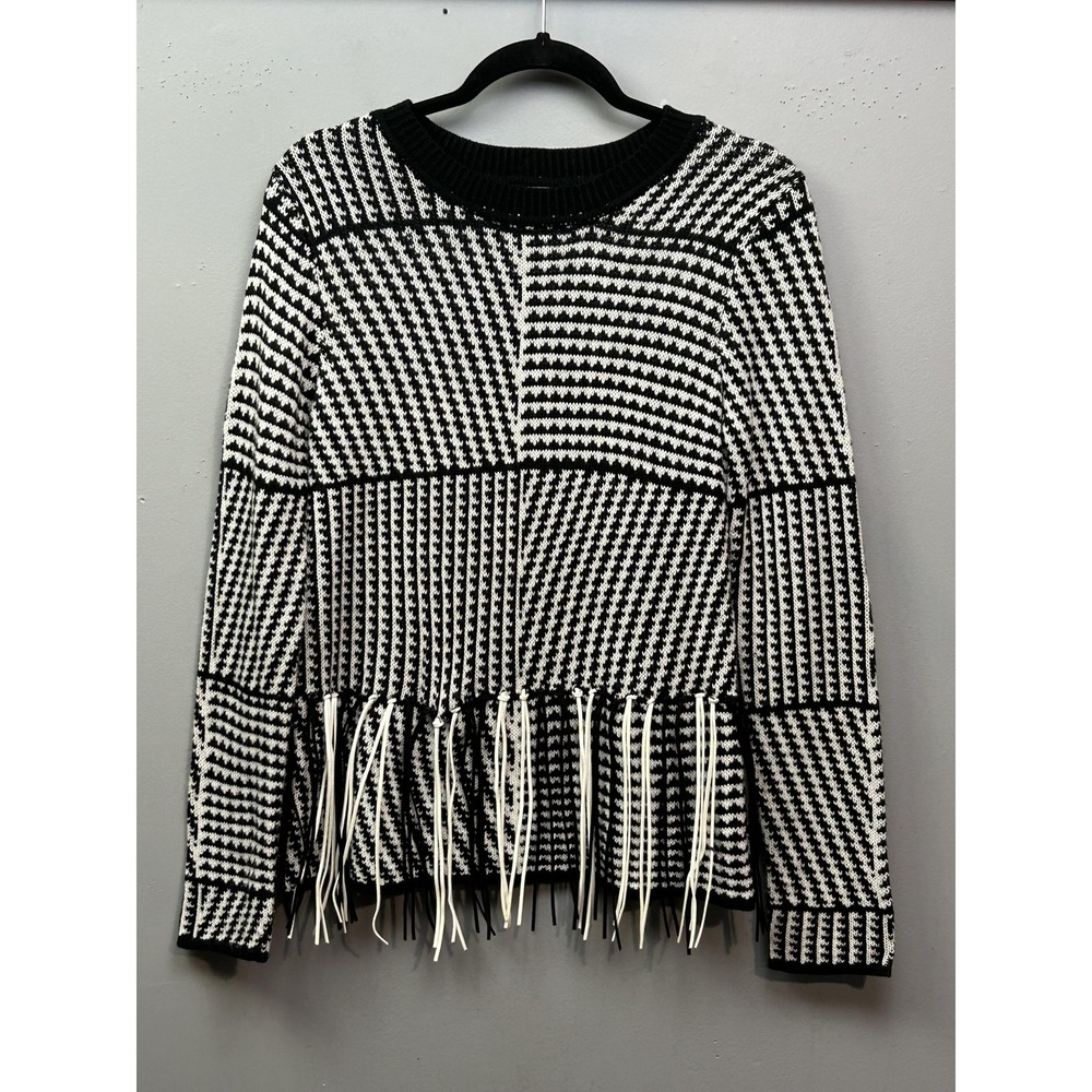 By‎ Design Sweater Womens Small Black White Check Fringe Hem Long Sleeve